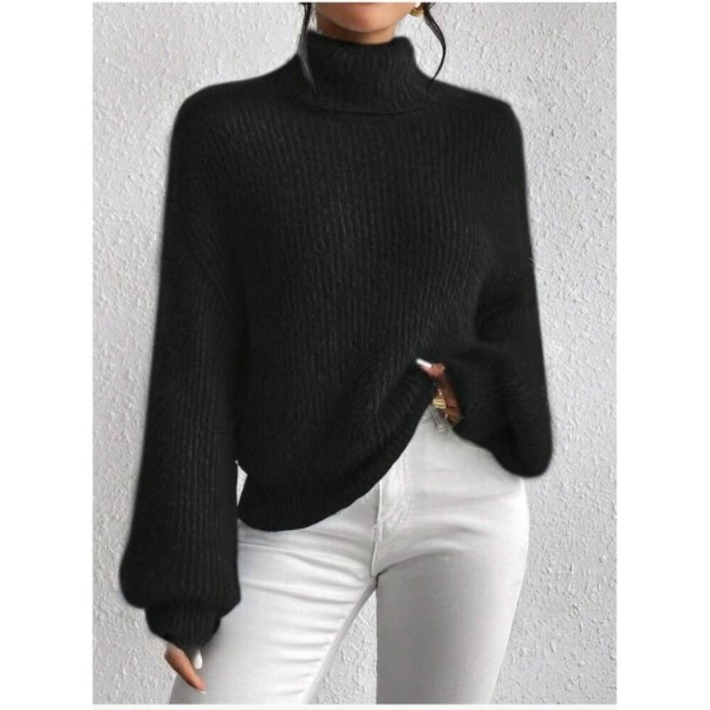 LAST ONE 🔥 Black Fuzzy Turtleneck Drop Shoulder Sweater Pullover